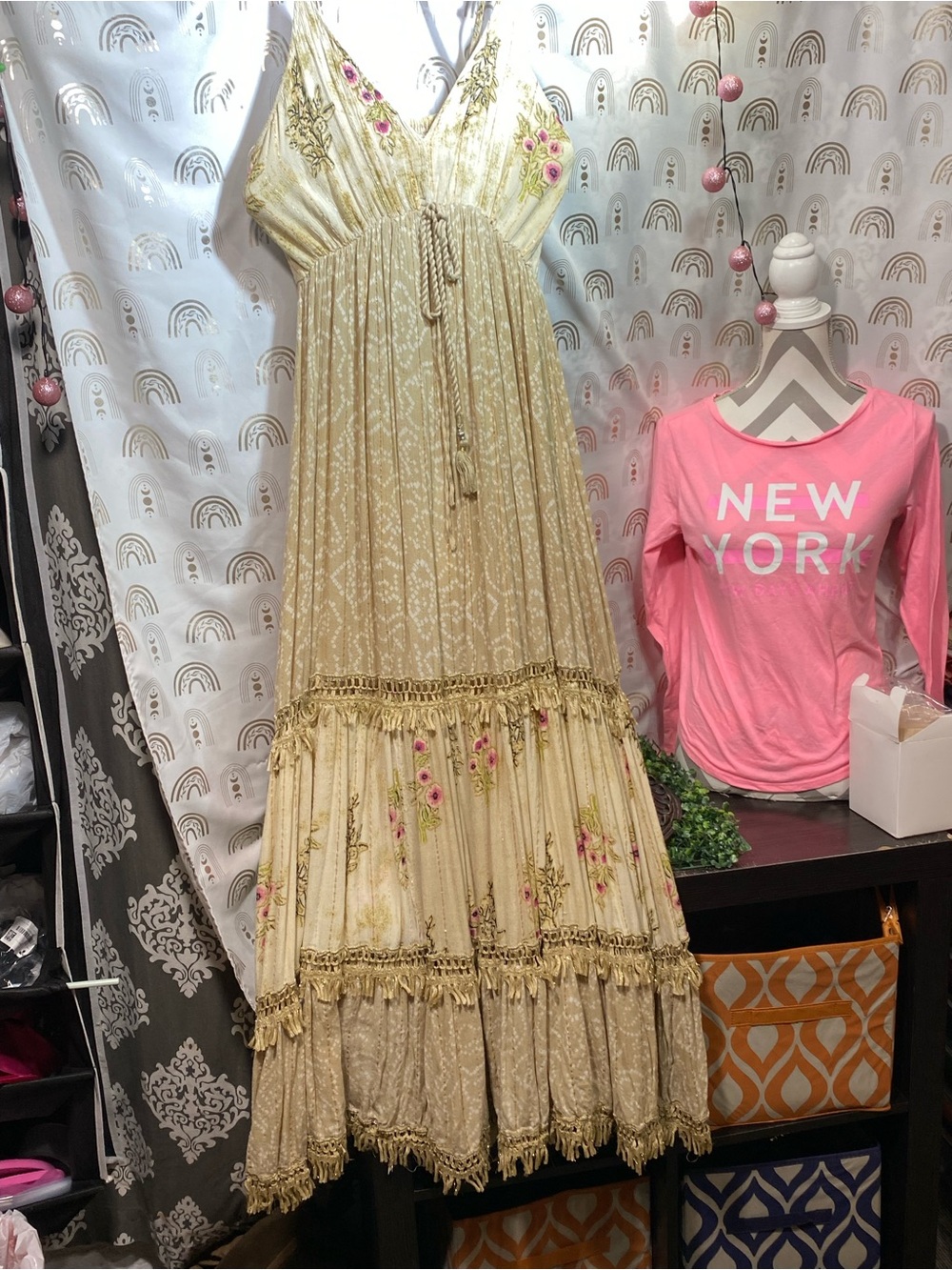Girls Cream Floral Maxi Dress with Tassel Detail
